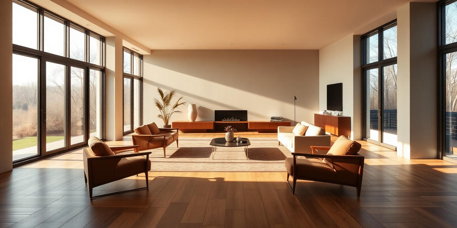 Minimalist luxury living room with floor to ceiling windows